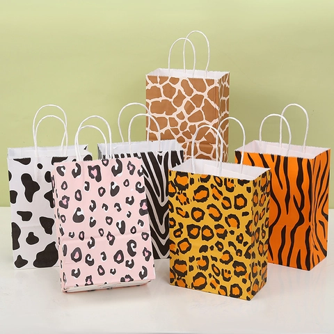 Sacchetti Regalo in Carta Kraft con Stampa Animale Fantasia Leopardata Zebra con Manici per Feste Compleanni Caramelle