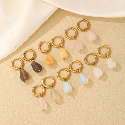 Teardrop Naturstein Hoop Ohrringe Edelstahl Minimalistisch Bohemian Modeschmuck Für Frauen