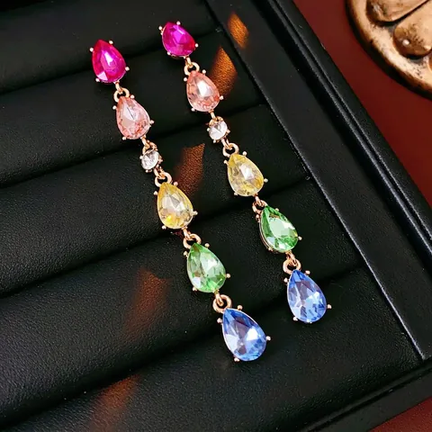 Bunte Wassertropfen Lange Quasten Ohrringe Legierung Strass Schmuck Mit Silbernen Ohrsteckern Für Damen Elegant