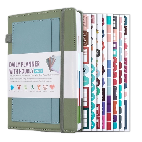 Undated Daily Planner Hourly Schedule Notebook PU Leather Cover Self Filling Time Management Productivity Organizer Office