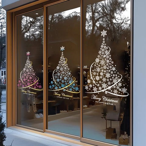 Christmas Tree Snowflake Window Stickers PVC Static Cling Double Sided Waterproof Shop Glass Door Festive Party Decor