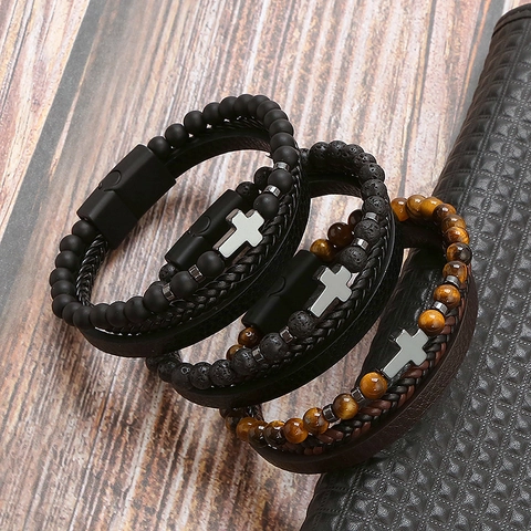Multilayer Bracelet Natural Stone Beads Braided Leather Stainless Steel Cross Charm Magnetic Clasp Jewelry For Men