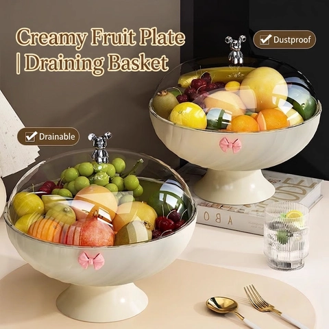 Piatto Frutta Di Lusso Con Coperchio Maniglia Orso Plastica PP Sgocciolatoio Vassoio Snack Arredamento Soggiorno