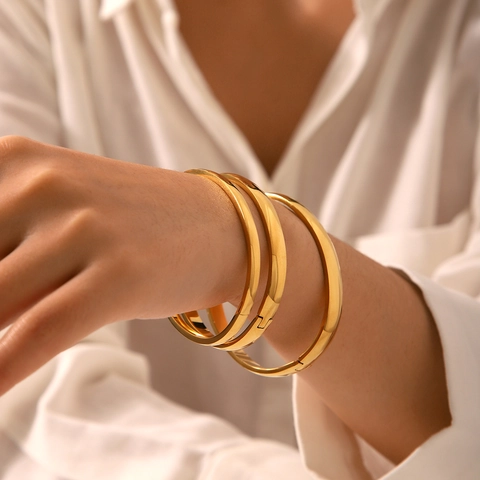 Bracciale Rigido In Acciaio Inossidabile Placcato Oro Minimalista Lucido Geometrico Fibbia Cerniera Gioielli Donna