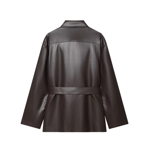 Damen Shacket Aus Kunstleder Mit Gürtel Cargotaschen Goldene Knöpfe Langarm Revers Mittellange Elegante Lässige Oberbekleidung