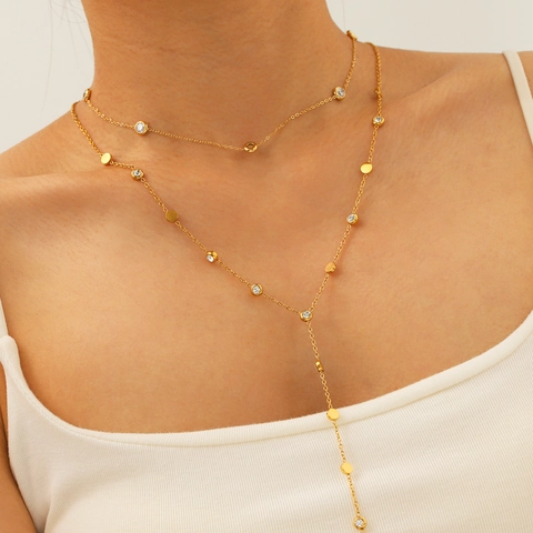 Zircon Inlaid Stainless Steel Double Layer Y-Necklace 18K Gold Plated Geometric Circular Tassel Pendant Women Jewelry