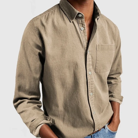 Men's Casual Long Sleeve Polyester Shirt Basic Lapel Top With Patch Pocket Solid Color Fashion Button Down Men Clothing