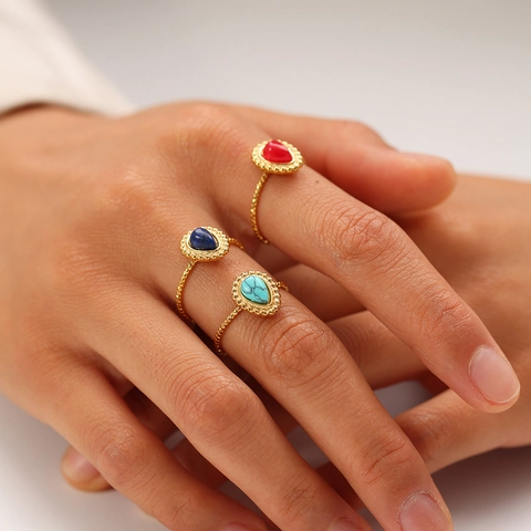 Französisch Retro 18K Vergoldet Edelstahl Wassertropfen Naturstein Offener Verstellbarer Ring Für Frauen Vintage Böhmischer Schmuck