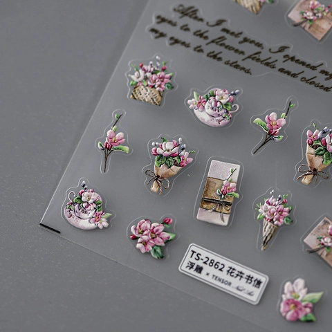 3D Embossed Nail Art Stickers Flower Epistle Retro Floral Letters PET Adhesive Decals For Manicure Decoration