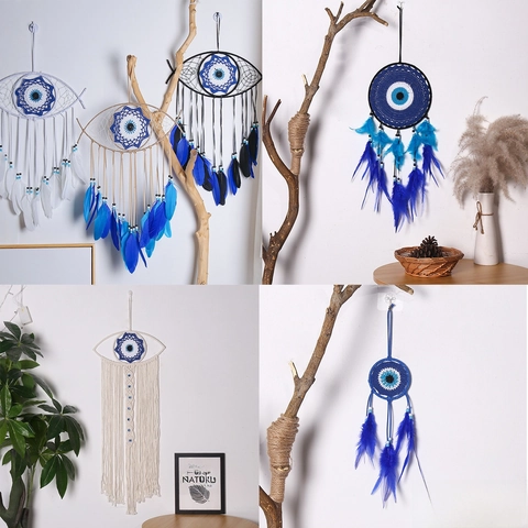Evil Eye Dream Catcher Handmade Woven Cotton Rope With Natural Feathers Beads Bohemian Wall Hanging Decor For Bedroom Home