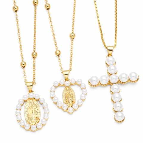 Jungfrau Maria Herz Kreuz Anhänger Halskette Vergoldet Kupfer Weiße Kunstperle Religiöse Retro Nischenschmuck Für Damen