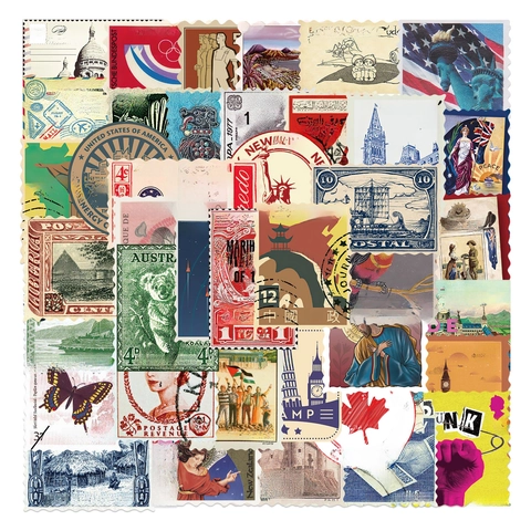 Autocollants de Timbres-Poste de Voyage Vintage Imperméables en Vinyle PVC pour Bagages Ordinateur Guitare Décoration DIY Scrapbooking Set
