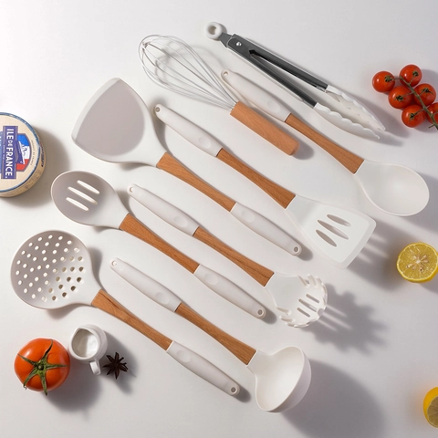 Utensili Da Cucina In Silicone Con Manici In Legno Resistente Al Calore Antiaderente Spatola Cucchiaio Frusta Bianco