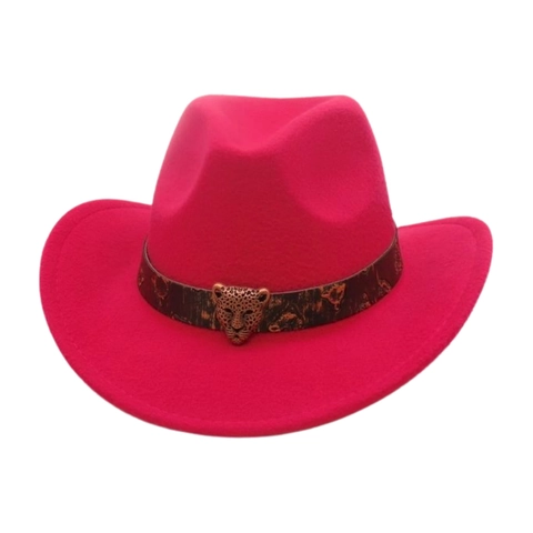 Western Cowboy Hat Polyester Leopard Print Belt Metal Leopard Head Buckle Wide Brim Vintage Jazz Fedora Women Men