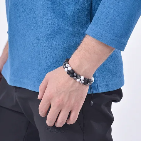 Double Layer Beaded Bracelet Natural White Howlite Lava Stone Hematite Diffuser Adjustable Braided Rope Men Jewelry