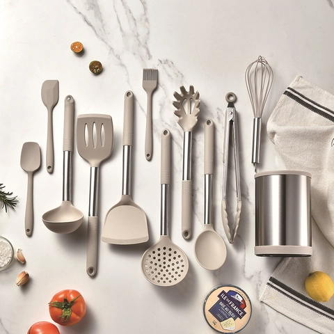 Utensili Da Cucina In Silicone Con Manico In Acciaio Inossidabile Resistente Al Calore Antiaderente E Secchio Di Stoccaggio Rotante