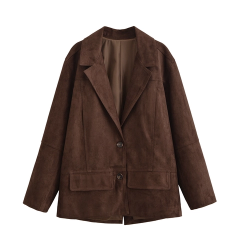Chaqueta Americana De Gamuza Sintética Para Mujer Color Sólido Elegante Manga Larga Cuello De Traje Con Bolsillos Con Solapa