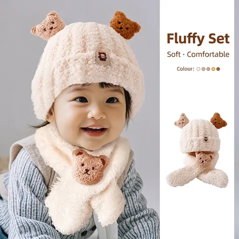 Kinder Plüsch Bärenohr Mütze Und Schal Winter Warm Sherpa Vlies Beanie Nackenwärmer Für Kleinkinder