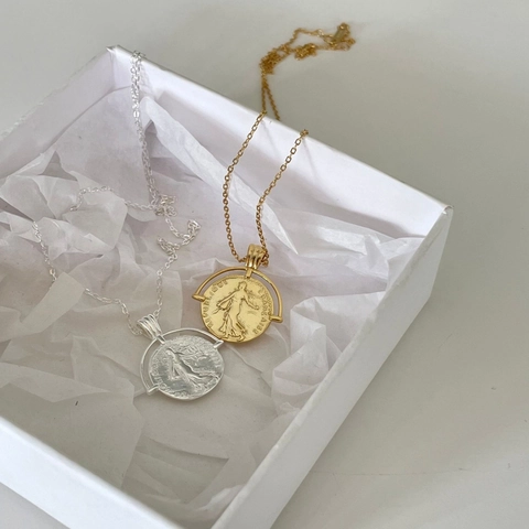 Collana Con Ciondolo Moneta Repubblica Francese Vintage Argento Sterling 925 Rilievo Ritratto Gioielli Retro Per Donna