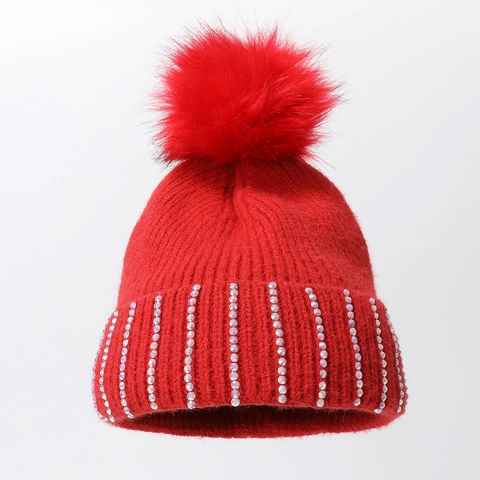 Women Winter Knit Beanie Hat Thick Warm Slouchy Cuff Cap With Faux Fur Pom Pom And Iridescent Rhinestones Decoration