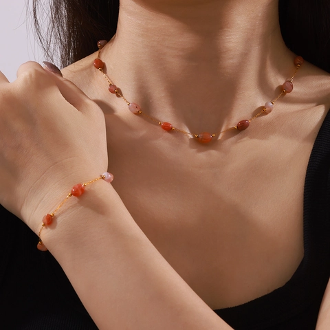 Chinese Style Titanium Steel Agate Beaded Jewelry Set For Women Elegant Gold Silver Color Necklace Bracelet Jewelry Set