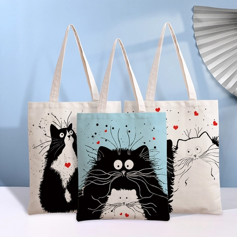 Canvas Tote Bag Cute Cartoon Cat Print Cotton Linen Large Capacity Casual Shopping Handbag For Women Students