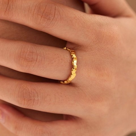 Anillo Geométrico Ondulado Irregular De Acero Inoxidable Chapado En Oro Pulido Joyería Minimalista Texturizada Para Mujeres