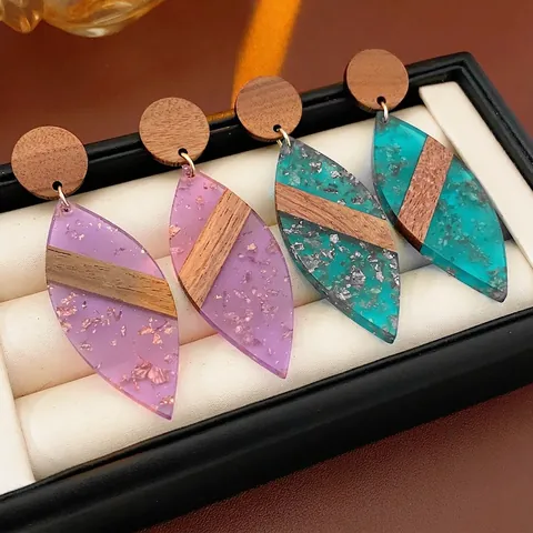 Pendientes Colgantes De Hoja Madera Resina Con Pan De Oro Silver Earring Post Joyería De Moda Retro Para Mujeres