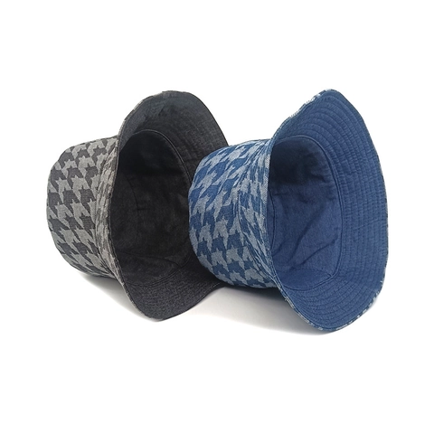 Fischerhut Denim Hahnentrittmuster Damen Baumwollmischung Retro Sonnenschutz Outdoor