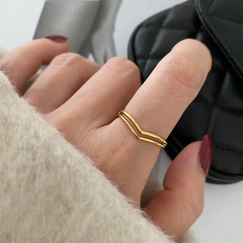 Double Layer V Shape Ring Titanium Steel 18K Gold Plated Minimalist Geometric Non-Fading Fashion Jewelry For Women