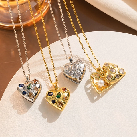 Titanium Steel Heart Locket Necklace For Women Gold Silver Rhinestone Heart Pendant With Artificial Pearl Fashion Jewelry