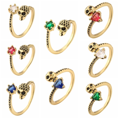 Skelett Schädel Ring Kupfer Herzform Zirkon Mikroeingelegt Schwarz Kleine Diamanten Offen Verstellbar Gothic Punk Schmuck