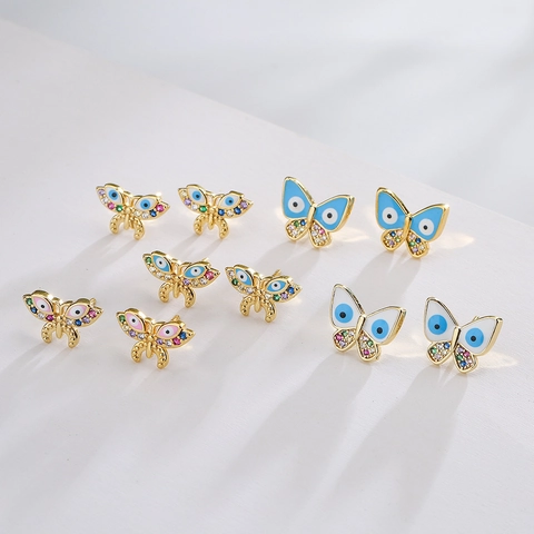 Butterfly Stud Earrings Copper Base Colorful Cubic Zirconia Enamel Evil Eye Gold Plated Delicate Jewelry Women