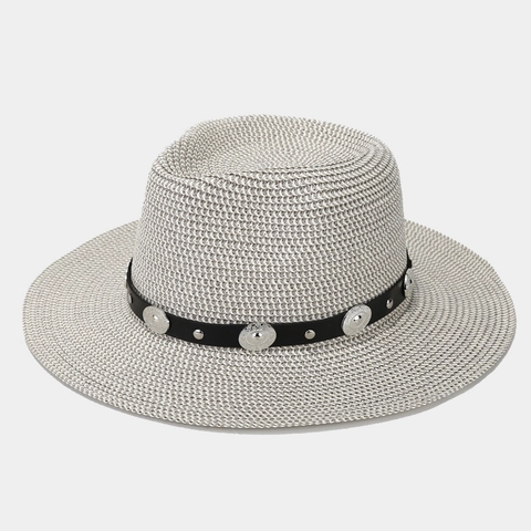 Western Cowboy Straw Hat Sun Protection Wide Brim Panama Hat With Leather Band Metal Studs For Men Women Summer Beach