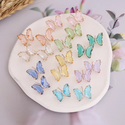 Butterfly Stud Earrings With Colorful Glass Wings And Zircon Stones 925 Sterling Silver Earring Post For Women