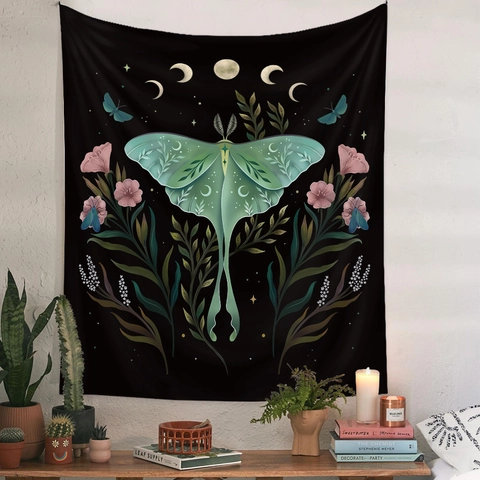 Ταπετσαρία Τοίχου Luna Moth Φάσεις Σελήνης Λουλουδάτο Γοτθικό Μυστηριώδες Πολυεστερικό Ύφασμα Για Υπνοδωμάτιο Σαλόνι