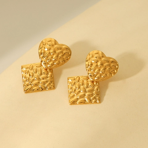 Pendientes De Botón De Acero Inoxidable Corazón Cuadrado Textura Martillada Baño De Oro 18K Estilo Vintage Mujer