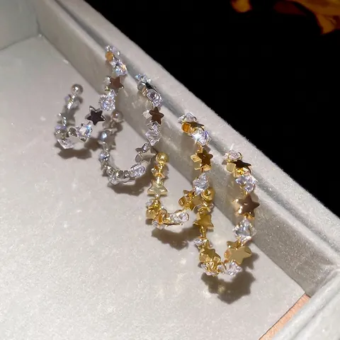 Star C-Shaped Hoop Earrings With Zircon Inlaid Alloy And 925 Sterling Silver Earring Post Elegant Fashion Women