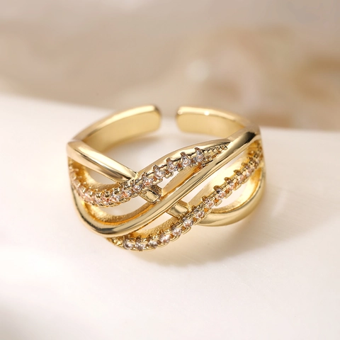 Hollow Geometric Open Ring Copper Zircon Gold Plated Multi Layer Cross Line Fashion Jewelry For Women