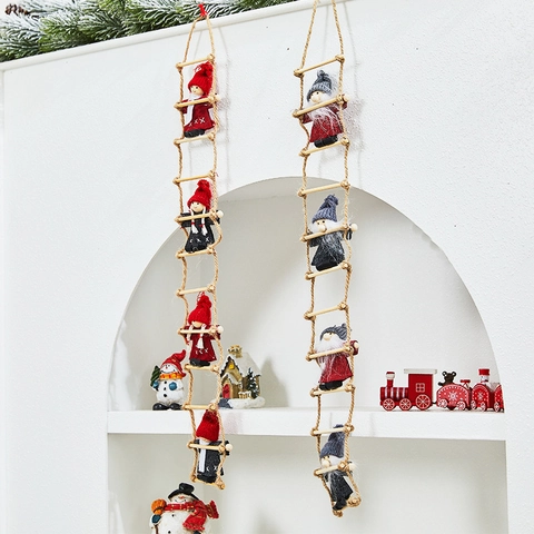 Christmas Gnome Climbing Ladder Hanging Ornament Santa Snowman Wood Hemp Rope Knit Dolls Nordic Festive Tree Home Decor