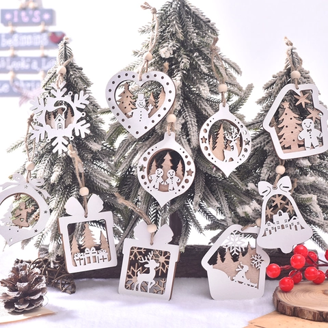 Christmas Wooden Hanging Ornaments Laser Cut Double Layer Hollow Snowflake Reindeer Tree Holiday Tree Decor White Natural