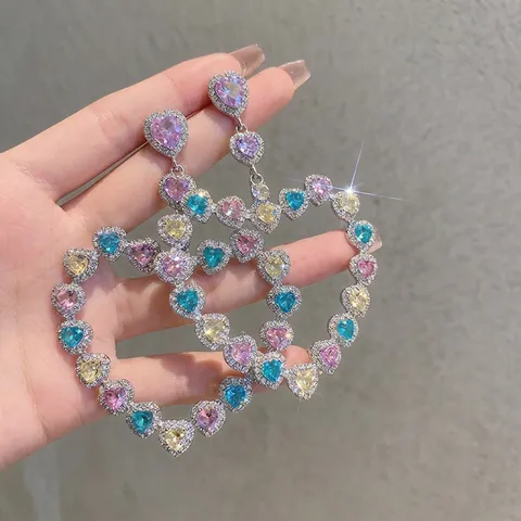 Exaggerated Hollow Heart Drop Earrings With Silver Earring Post Alloy Rhinestone Colorful Luxury Party Fashion For Women