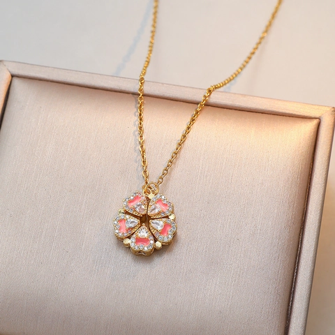 Collier Pendentif Acier Inoxydable Cuivre Émail Rose Coeur Fleur Forme Zircone Bijoux Doux Français Pour Femmes