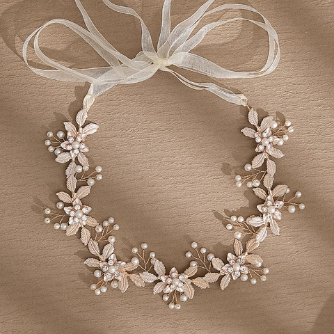 Bridal Headband Flower Leaf Alloy Rhinestone Imitation Artificial Pearl Hair Vine With Ribbon For Wedding Party Elegant Headpiece