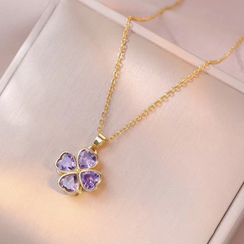 Titanstahl Rotierendes Herz Vierblättriges Kleeblatt Schmuckset Lila Zirkonia Anhänger Halskette Ohrringe Ring Armband Damen Schmuck