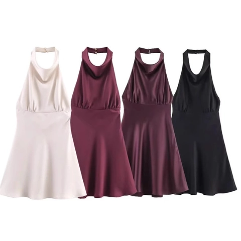 Halter Mini Dress Satin Sleeveless Backless Solid Color Elegant Party Cocktail Flared A-Line For Women