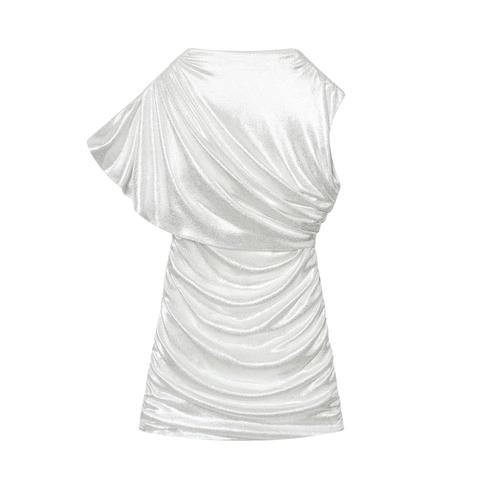 Robe Courte À Une Épaule Métallisée Argentée Froncée Mesh Moulante Sans Manches Fête Clubwear Sexy Élégante Femmes