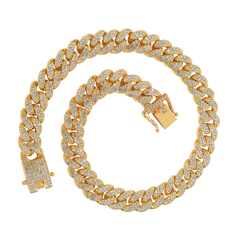 Hip Hop Iced Out Cuban Link Chain Necklace For Men Alloy Zirconia Rhinestone Punk Gold Silver Rose Gold Jewelry