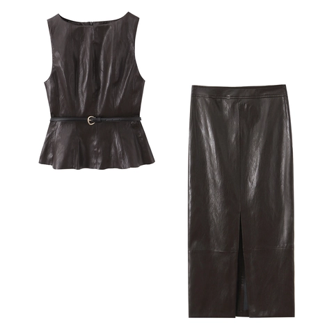 Top Peplum Da Donna In Ecopelle E Gonna Longuette Con Spacco Con Cintura Moda