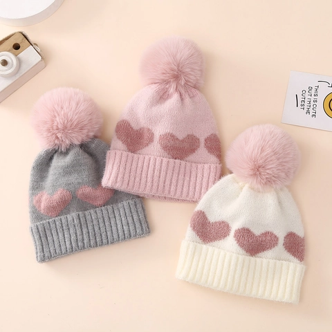 Gorro De Punto Para Bebé Jacquard Patrón De Corazón Grueso Capas Múltiples Con Pompón Grande Accesorio De Invierno Cálido Para Recién Nacidos Bebés